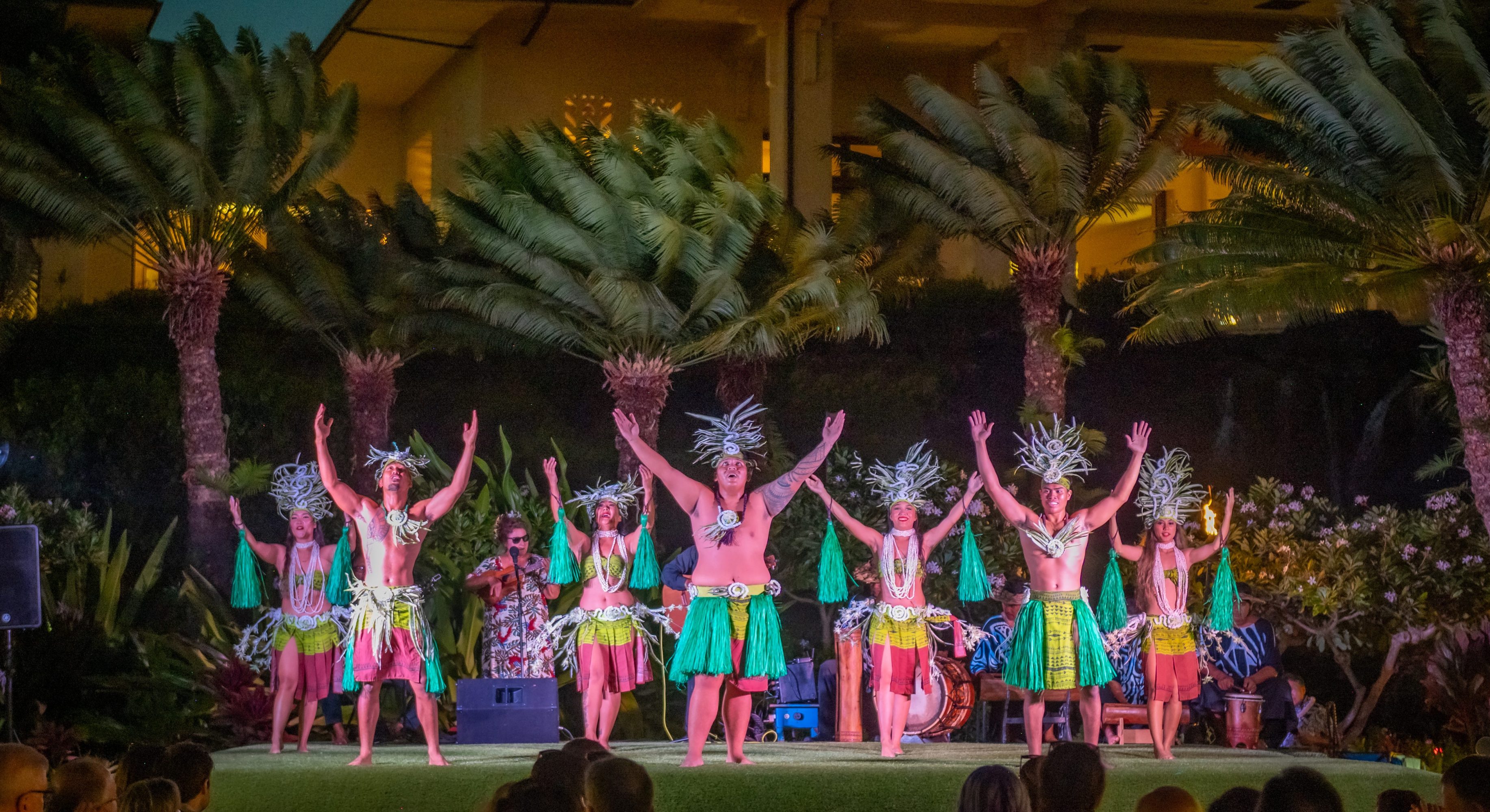 Dancers in traditional attire perform at night with palm trees in the background.